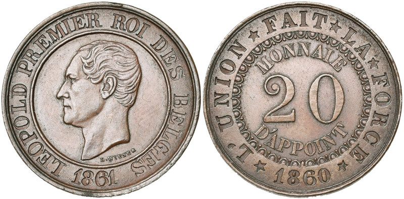 BELGIQUE, Royaume, Léopold Ier (1831-1865), 20 centimes, 1861. Essai de Wiener e...