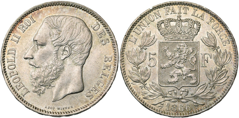 BELGIQUE, Royaume, Léopold II (1865-1909), AR 5 francs, 1866. F sans point. Boga...