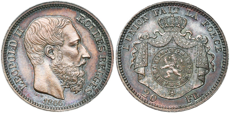 BELGIQUE, Royaume, Léopold II (1865-1909), 20 francs, 1866. Essai en cuivre de W...