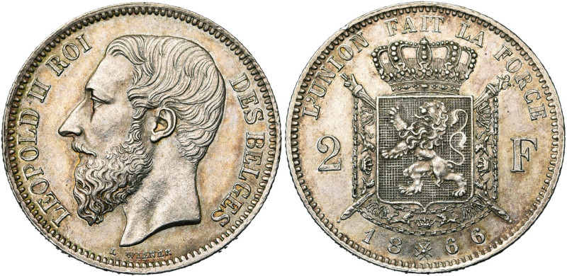 BELGIQUE, Royaume, Léopold II (1865-1909), AR 2 francs, 1866. Type A. Sans croix...