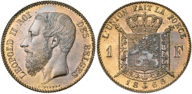 BELGIQUE, Royaume, Léopold II (1865-1909), AR 1 franc, 1866. Refrappe en bronze clair. Tranche cannelée. Bogaert 1038B3.

Fleur de Coin