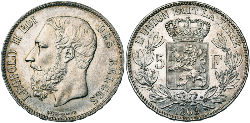 BELGIQUE, Royaume, Léopold II (1865-1909), AR 5 francs, 1869. Epreuve aux champs...