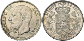 BELGIQUE, Royaume, Léopold II (1865-1909), AR 5 francs, 1870. Dupriez 1118. Petites taches au droit.

Fleur de Coin