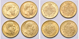 BELGIQUE, Royaume, Léopold II (1865-1909), lot de 4 p. de 20 francs, 1871: type III, petite date; type III, grande date (or rouge et or jaune); type I...