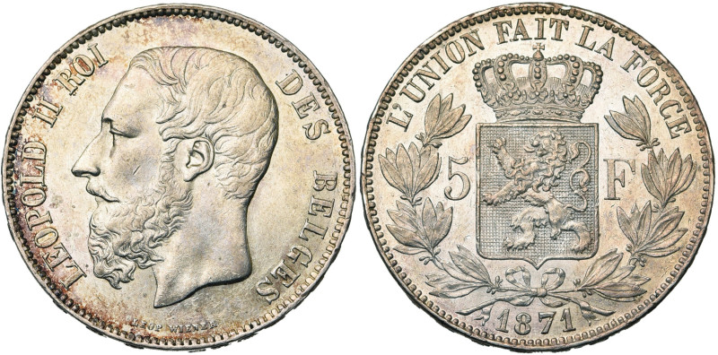 BELGIQUE, Royaume, Léopold II (1865-1909), AR 5 francs, 1871. Dupriez 1131.

S...