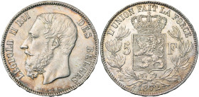 BELGIQUE, Royaume, Léopold II (1865-1909), AR 5 francs, 1872. Dupriez 1137. Petits coups.

Superbe à Fleur de Coin