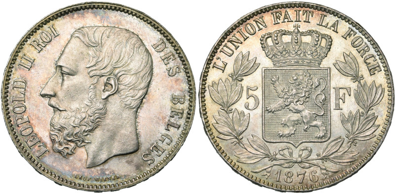 BELGIQUE, Royaume, Léopold II (1865-1909), AR 5 francs, 1876. Epreuve aux champs...