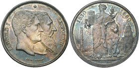 BELGIQUE, Royaume, Léopold II (1865-1909), AR module de 5 francs, 1880. Cinquantenaire de l'indépendance. Epreuve avec 14 rayons à g., à 1 mm du bord....