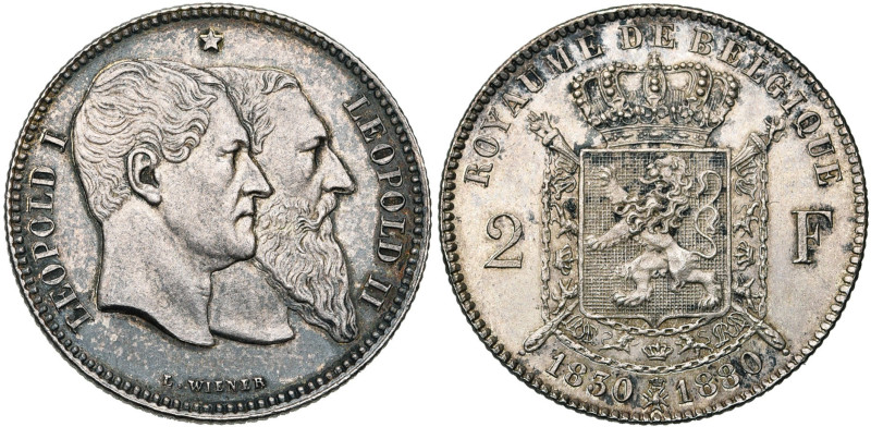 BELGIQUE, Royaume, Léopold II (1865-1909), AR 2 francs, 1880. Cinquantenaire de ...