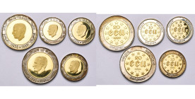 BELGIQUE, Royaume, Baudouin (1951-1993), AV lot de 5 p. bimétalliques: 10 ecu (2) et 20 ecu 1990, 60e anniversaire du roi; 10 ecu et 20 ecu 1991, 40e ...