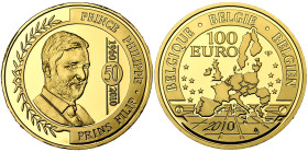 BELGIQUE, Royaume, Albert II (1993-2013), 100 euro, 2010. 50e anniversaire du Prince Philippe. Fr. -. Ecrin et certificat.

Flan poli