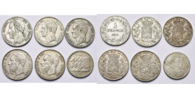 BELGIQUE, Royaume, lot de 6 p.: Léopold Ier, 5 francs 1848, 1851, 1865; Léopold II, 5 francs 1868, 1869; Régence du Prince Charles, 100 francs 1949.
...