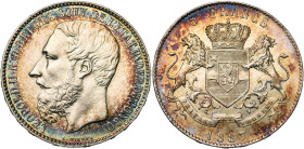 CONGO, Etat Indépendant, Léopold II (1885-1908), AR 5 francs, 1887. Dupriez 10; Dav. 10. Belle patine irisée.

Superbe à Fleur de Coin