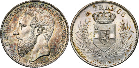CONGO, Etat Indépendant, Léopold II (1885-1908), AR 2 francs, 1887. Dupriez 17. Patine inégale. Petites taches.

Fleur de Coin