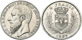 CONGO, Etat Indépendant, Léopold II (1885-1908), AR 2 francs, 1887. Dupriez 17. Nettoyé.

Très Beau