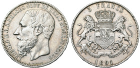 CONGO, Etat Indépendant, Léopold II (1885-1908), AR 5 francs, 1891. Dupriez 72. Nettoyé.

Très Beau