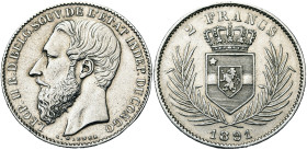 CONGO, Etat Indépendant, Léopold II (1885-1908), AR 2 francs, 1891. Dupriez 73. Nettoyé.

Très Beau