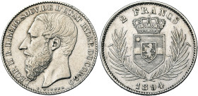 CONGO, Etat Indépendant, Léopold II (1885-1908), AR 2 francs, 1894. Dupriez 79. Nettoyé.

Très Beau