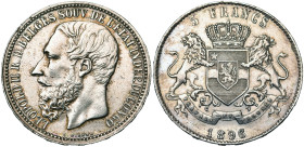 CONGO, Etat Indépendant, Léopold II (1885-1908), AR 5 francs, 1896 sur 1894. Dupriez 119. Petits coups au droit et sur la tranche.

Très Beau à Supe...