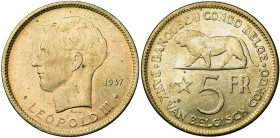 CONGO BELGE, Léopold III (1934-1951), Cu 5 francs, 1937. Bogaert 269B3. Petites taches.

Superbe à Fleur de Coin