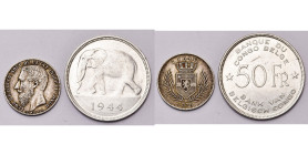 CONGO, lot de 2 p.: Etat Indépendant, Léopold II, 1 franc, 1896 (Beau à Très Beau); Congo belge, Léopold III, 50 francs, 1944 (Très Beau).