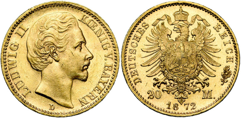 ALLEMAGNE, BAVIERE, Ludwig II (1864-1886), AV 20 Mark, 1872 D. J. 194; A.K.S. 18...