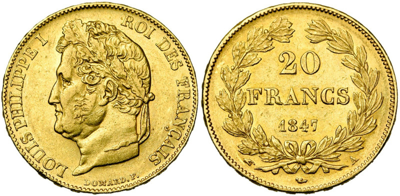 FRANCE, Louis-Philippe (1830-1848), AV 20 francs, 1847 A, Paris. Gad. 1031.

T...