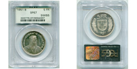 SUISSE, Confédération helvétique, AR 5 francs, 1951 B. Divo 535. Fines griffes au revers. Gradé PCGS SP67.

Flan poli