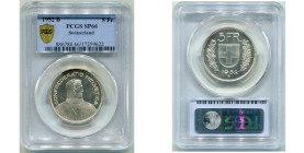 SUISSE, Confédération helvétique, AR 5 francs, 1952 B. Divo 542; D.T. 301. Tache au droit. Gradé PCGS SP66.

Flan poli