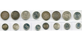 SUISSE, lot de 8 p.: 5 francs 1907, 1922, 1925, 1965; 2 francs 1920, 1937, 1967; 1 franc 1965.

Très Beau et Superbe