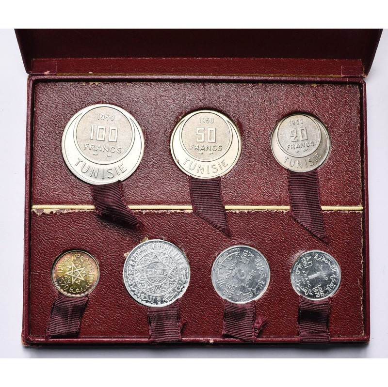 écrin de 7 essais: Tunisie, 20, 50 et 100 francs 1950 (Lecompte 391, 397, 401); ...