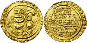 INDIA, KADAMBAS OF GOA, Jayakesin III (1186-1213), AV pagoda (gold gadyana). Mitch., NSW, -; Mukherjee 115 var. 4,42 g.

Extremely Fine