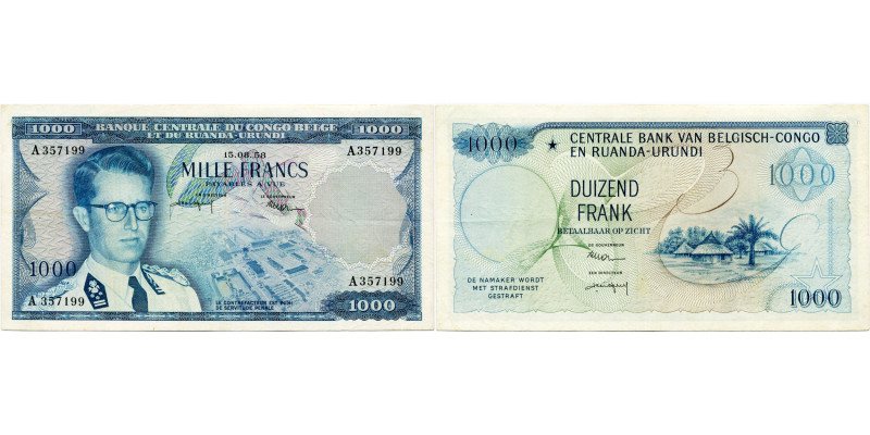 CONGO BELGE, 1000 francs, 15.08.58. Série A. Pick 35. Légères traces de plis.
...