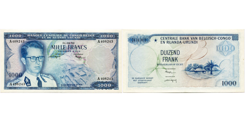 CONGO BELGE, 1000 francs, 01.09.58. Série A. Pick 35. Légère trace de pli.

Tr...