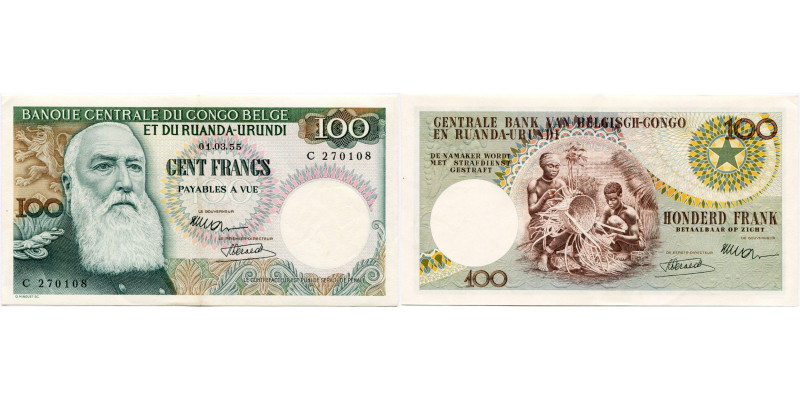 CONGO BELGE, 100 francs, 01.03.55. Série C. Pick 33a. Légère trace de pli.

Su...
