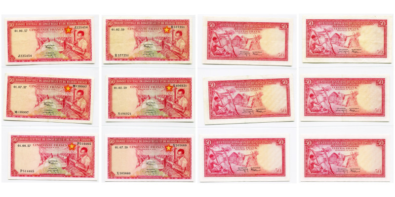 CONGO BELGE, lot de 6 billets de 50 francs: 01.06.57 (série J), 01.07.57 (M), 01...