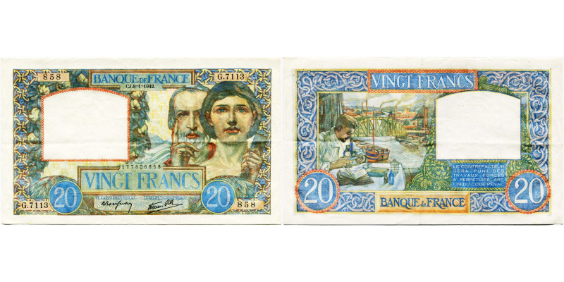 FRANCE, Banque de France, 20 francs, 8.1.1942. Travail et Science. Pick 92c. Rar...