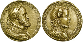 PAYS-BAS MERIDIONAUX, Laiton médaille, 1567, Jonghelinck. Charles Quint et Marguerite de Parme, gouvernante générale des Pays-Bas. D/ B. l. et cuirass...