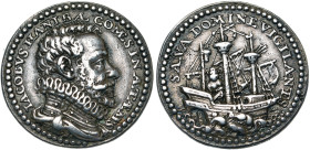 PAYS-BAS MERIDIONAUX, AR médaille, 1575, J. Jonghelinck. Jacques-Hannibal de Hohenems, commandant des compagnies allemandes d'Anvers. D/ B. cuir. à d....