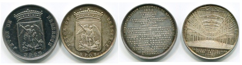 BELGIQUE, lot de 2 jetons: 1848, Wiener, Inauguration du marché couvert de la Ma...