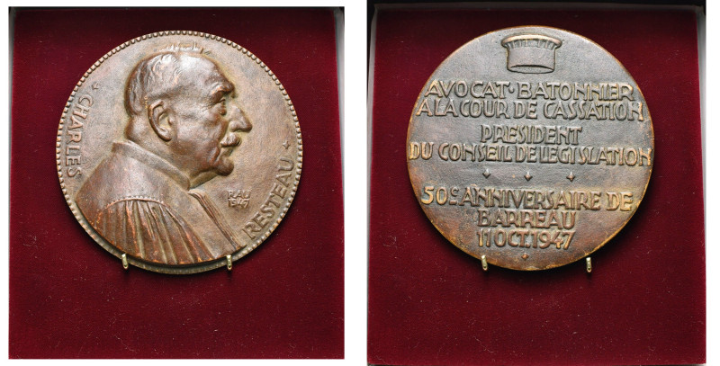 BELGIQUE, AE médaille, 1947, Rau. Charles Resteau. D/ B. à d. R/ Inscription en ...