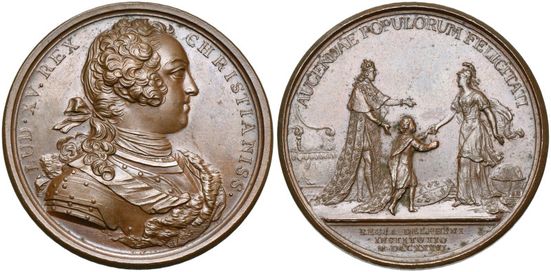 FRANCE, AE médaille, 1736, Duvivier/Le Blanc. L'éducation du dauphin. D/ B. cuir...