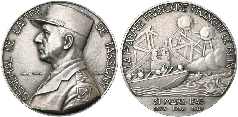 FRANCE, AR médaille, 1948, Turin. Général de Lattre de Tassigny. D/ B. à g. en u...