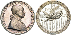 ITALIE, ETATS PONTIFICAUX, AR médaille, 1958 (an XX), Mistruzzi. Installation de l'émetteur de Santa Maria di Galeria. D/ B. à d. R/ +VATICANA·RADIOPH...