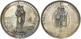 PORTUGAL, AR médaille, 1852. Prix de mérite de la Société royale humanitaire de Porto. D/ Madone à l'Enfant devant un bâtiment en flammes et un navire...