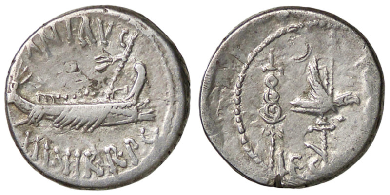 ROMANE IMPERIALI - Marc'Antonio († 30 a.C.) - Denario Cr. 544 (AG g. 3,32) Contr...