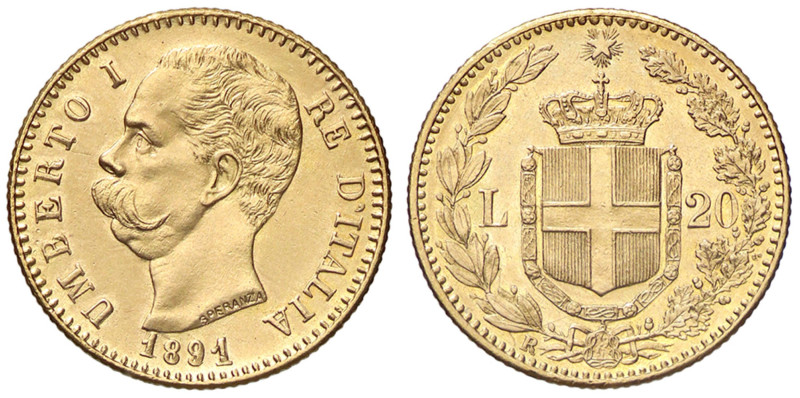 SAVOIA - Umberto I (1878-1900) - 20 Lire 1891 - oro rosso Pag. manca; Mont. manc...