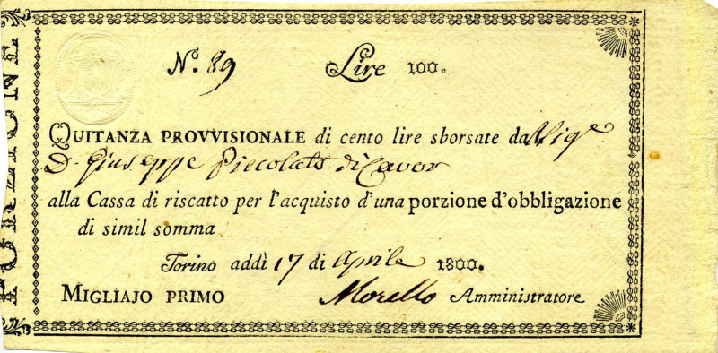 CARTAMONETA - SARDO-PIEMONTESE - Cassa di Riscatto - Torino (1800) - 100 Lire 17...