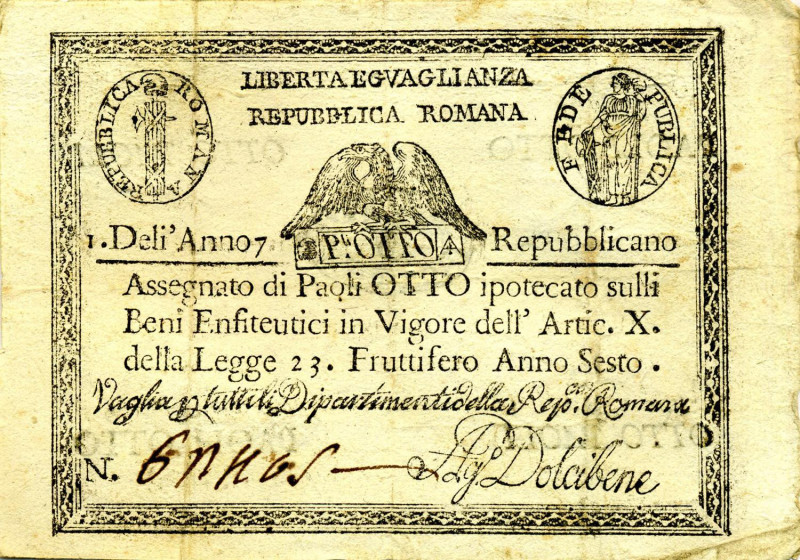 CARTAMONETA - STATO PONTIFICIO - Repubblica Romana Assegnati (1798) - 8 Paoli An...