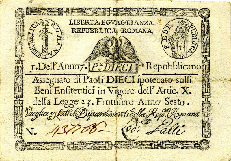 CARTAMONETA - STATO PONTIFICIO - Repubblica Romana Assegnati (1798) - 10 Paoli A...